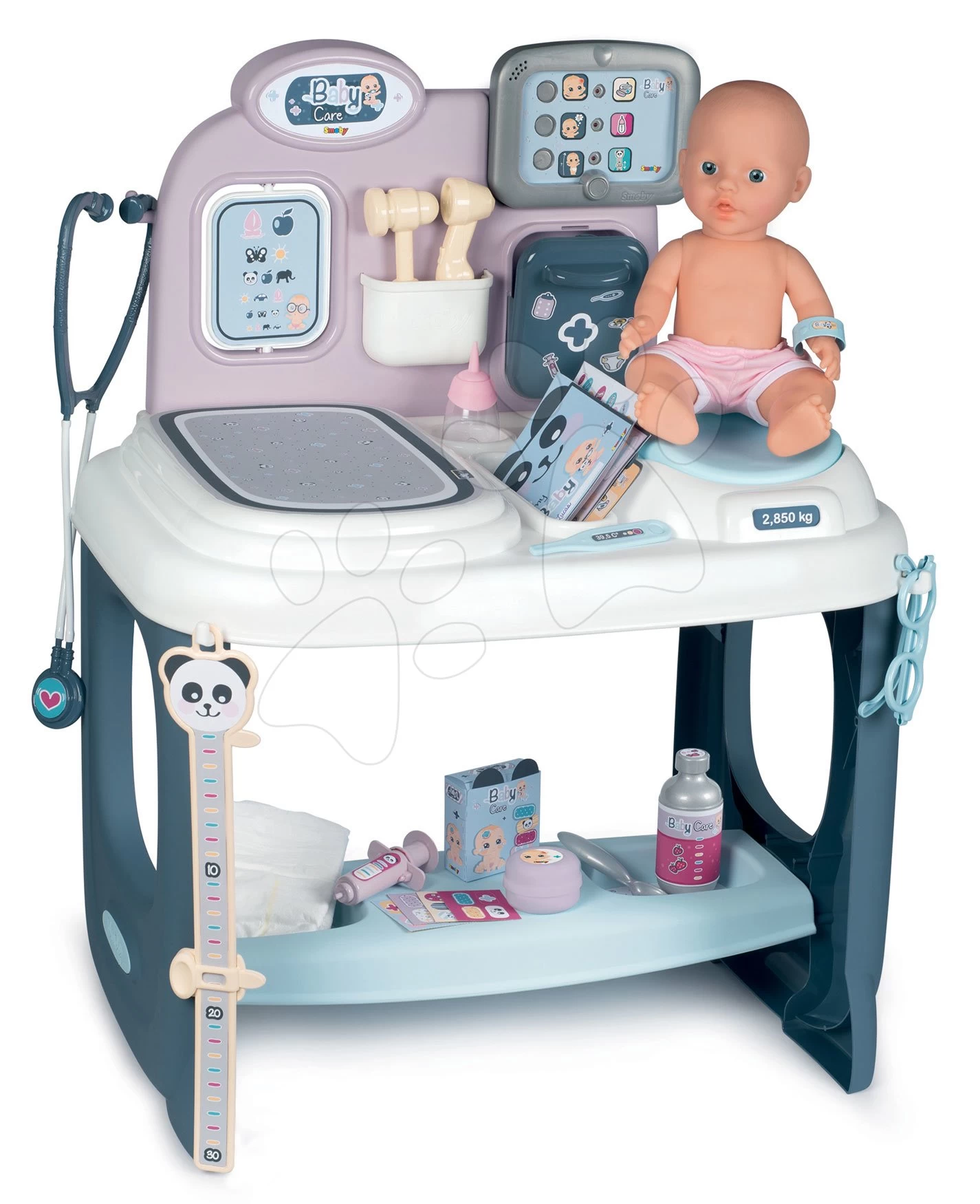Set Arzttheke Baby Care Center Smoby Mit Wiege Und Esszimmerstuhl Mit Trage – Bild 2