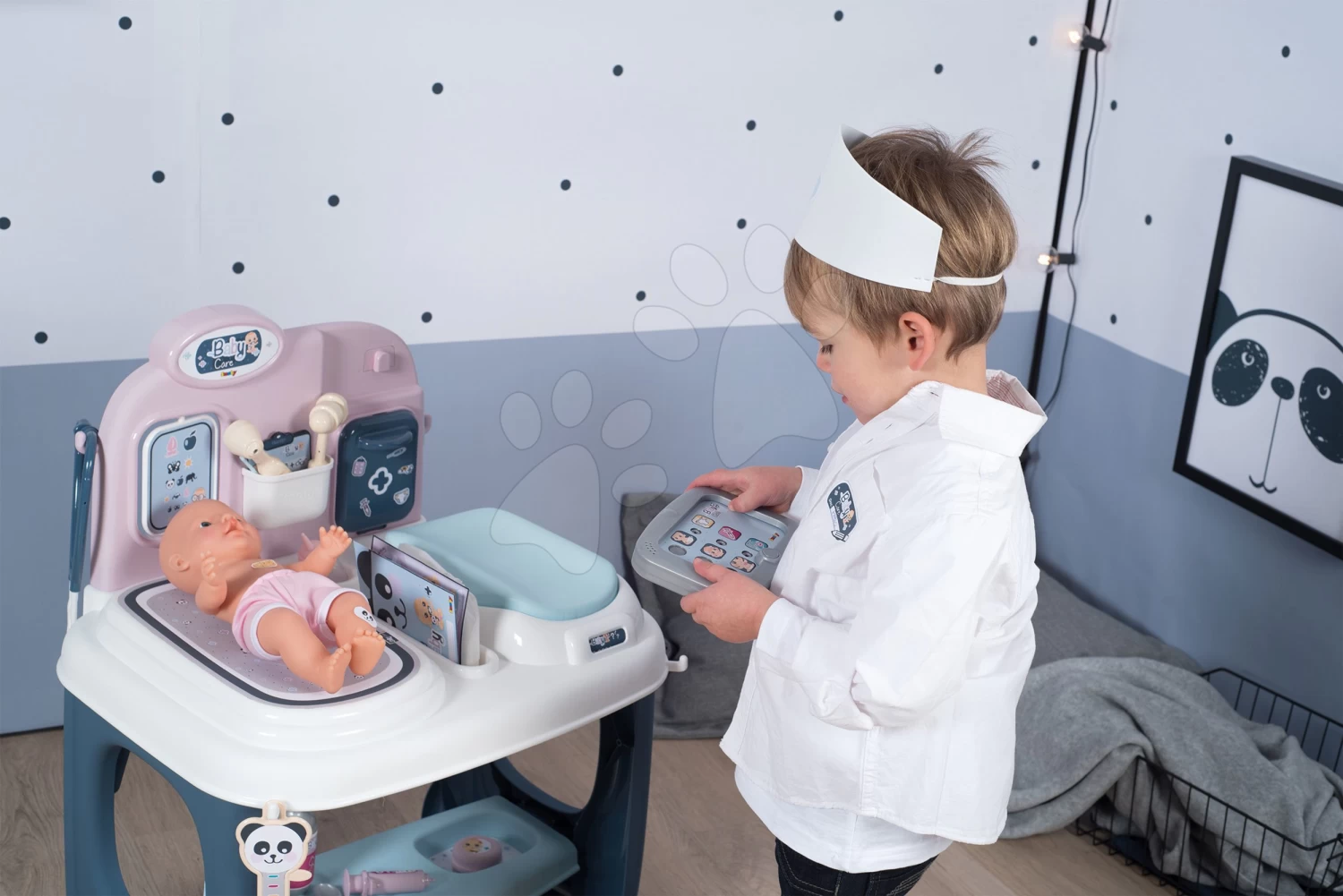 Set Arzttheke Baby Care Center Smoby Mit Kinderwagen, Dreierkombination Und Esszimmerstuhl Mit Schaukel Und Autositz Maxi Cosi