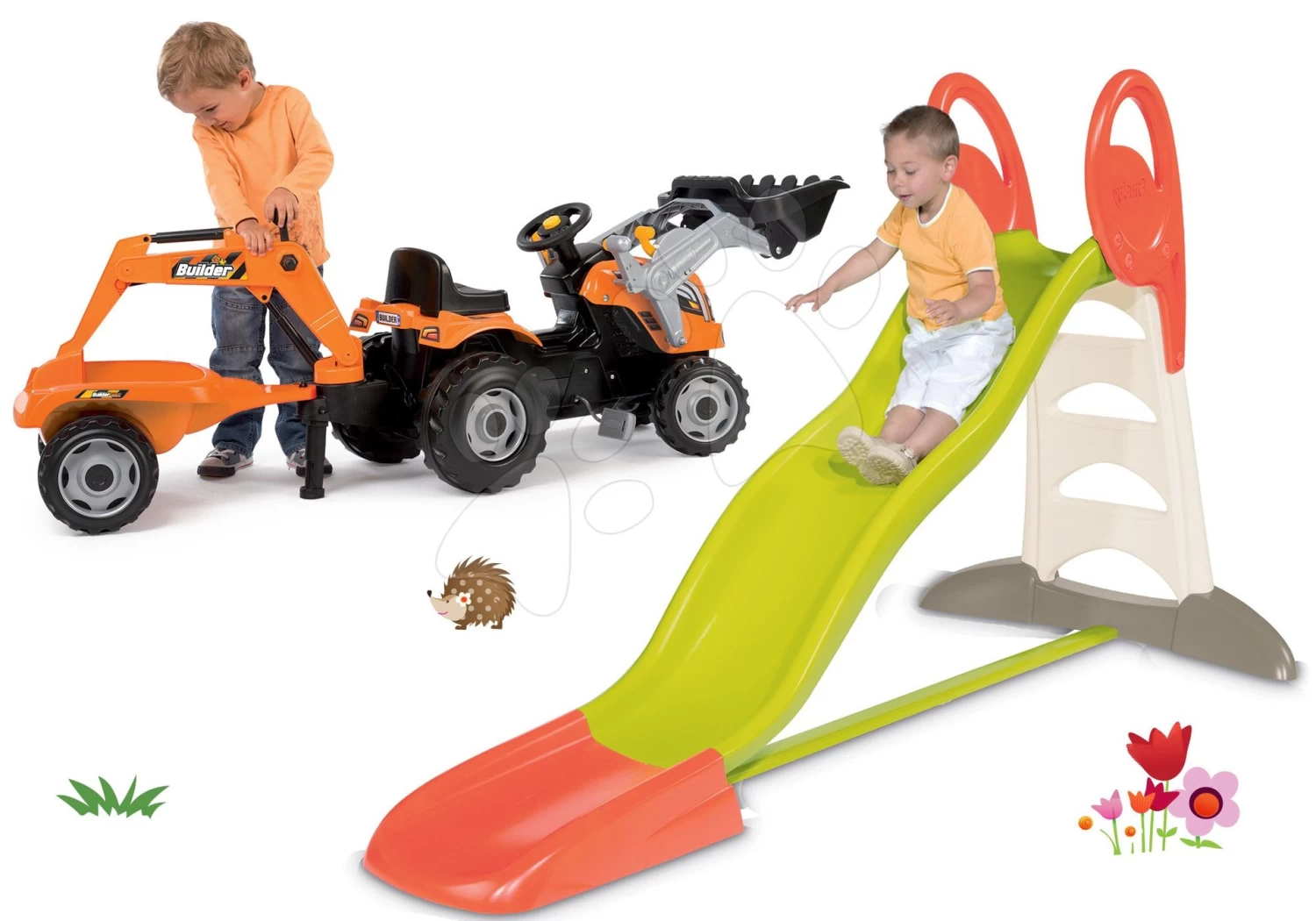 Set Rutsche Toboggan XL Smoby Mit Wasserlänge 230 Cm Und Ein Builder Max-Traktor Mit Anhänger, Bagger Und Lader – Bild 9