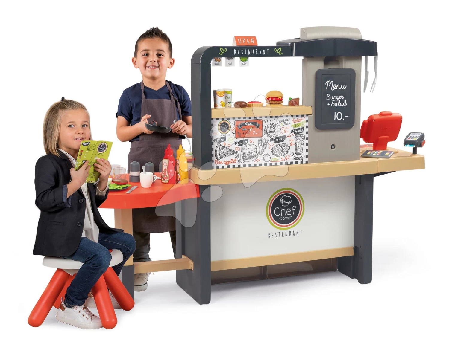 Set-Barbershop, Dreiflügelig Barber Cut&Barber Shop Smoby Und Eine Elektronische Küche Mit Fließendem Wasser Und Essen Mit Geschirr SM320243-18