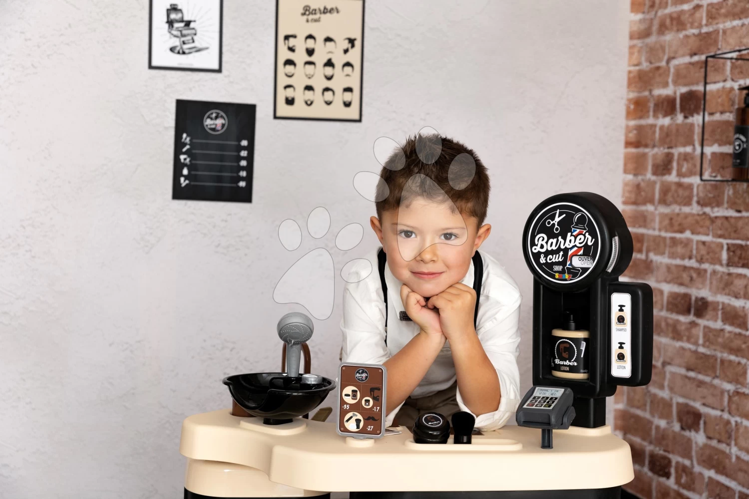 Friseursalon Mit Drei Flügeln Barber Cut&Barber Shop Smoby Haar- Und Bartpflege, Waschraum Mit Shampoo Und Verkaufstheke Mit 19 Zubehör SM320243 – Bild 15