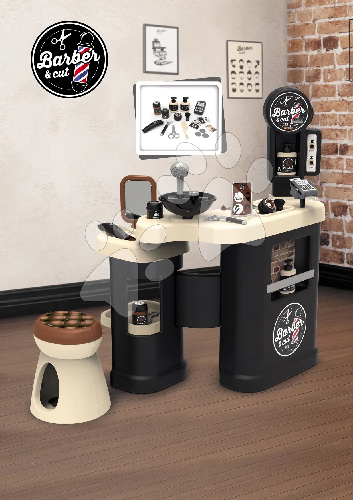 Friseursalon Mit Drei Flügeln Barber Cut&Barber Shop Smoby Haar- Und Bartpflege, Waschraum Mit Shampoo Und Verkaufstheke Mit 19 Zubehör SM320243 – Bild 20