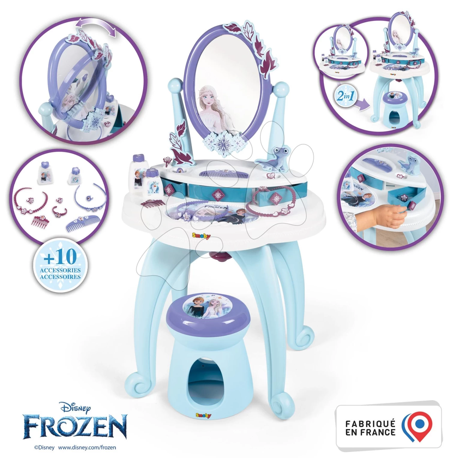 Kosmetiktisch Und Hocker Frozen Hairdresser 2in1 Smoby Mit Spiegel Und 10 Zubehör SM320244 – Bild 2