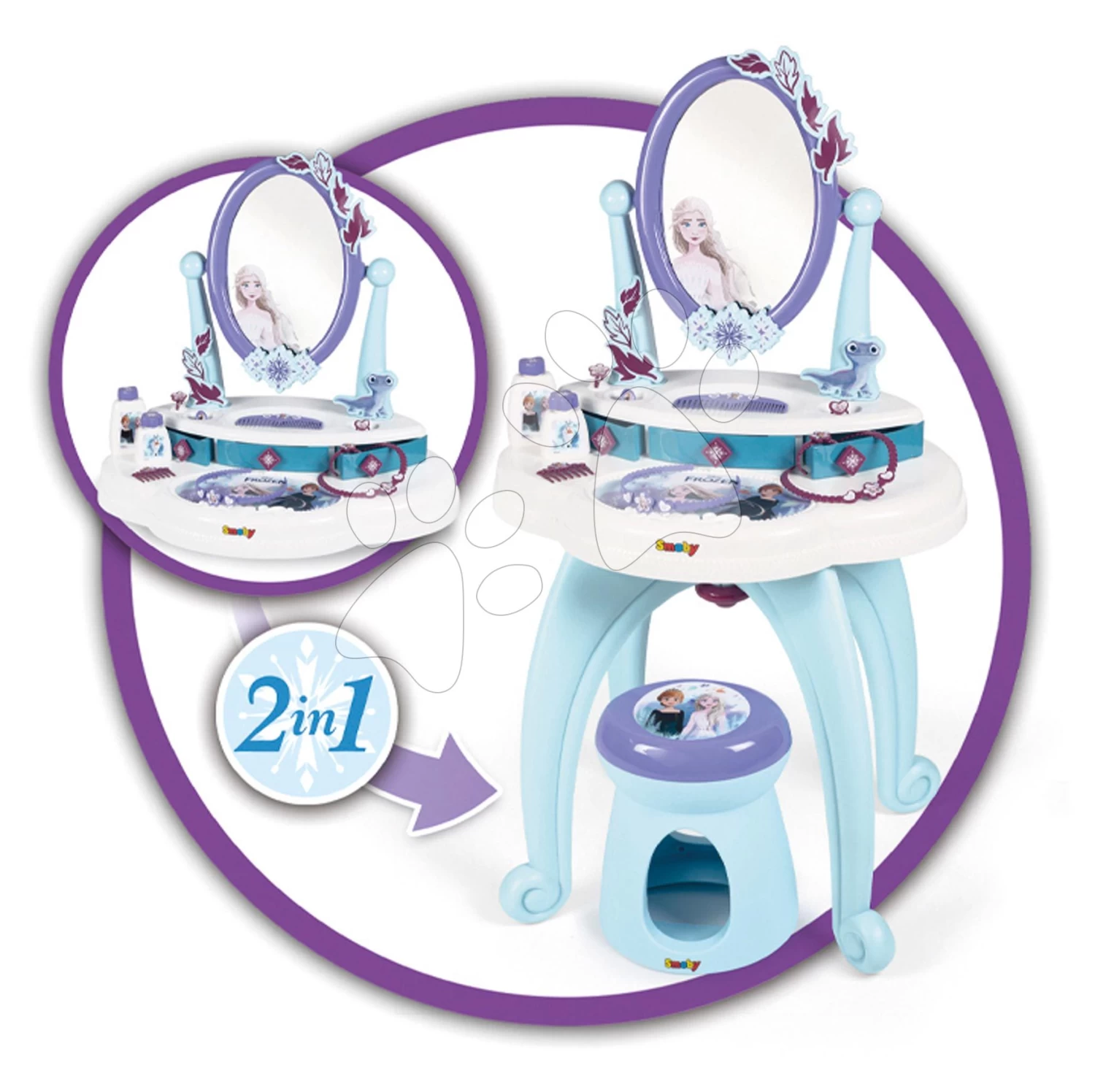 Kosmetiktisch Und Hocker Frozen Hairdresser 2in1 Smoby Mit Spiegel Und 10 Zubehör SM320244 – Bild 5