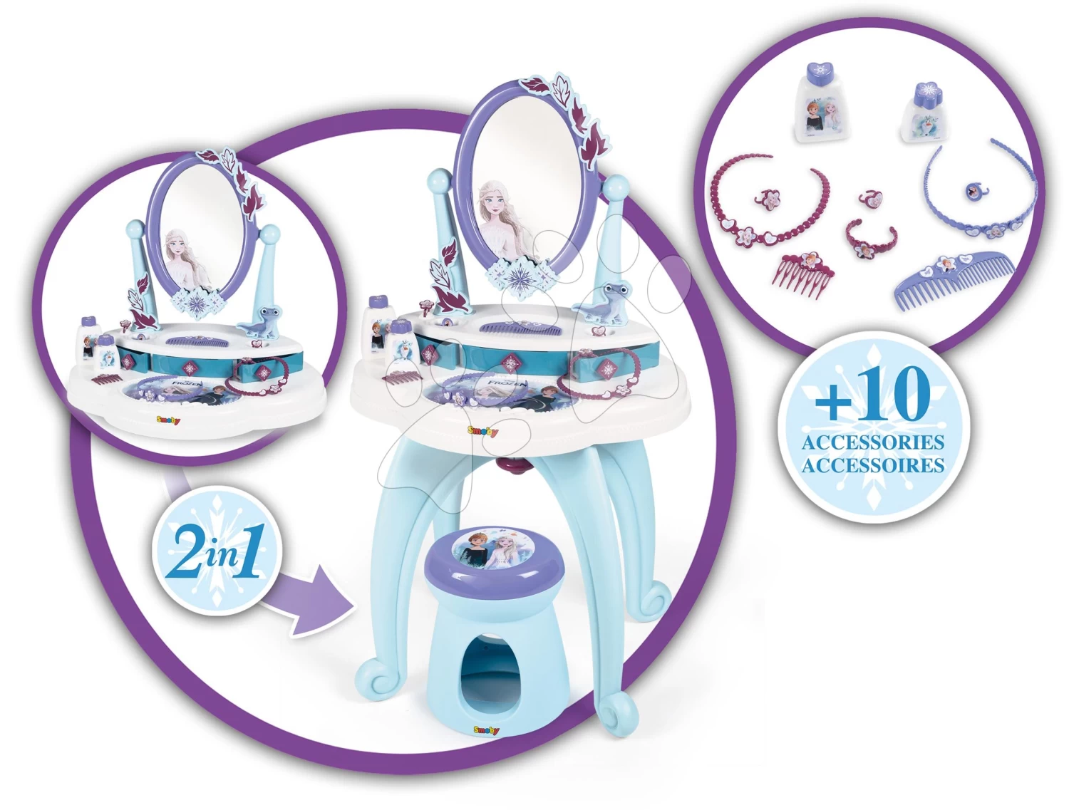 Kosmetiktisch Und Hocker Frozen Hairdresser 2in1 Smoby Mit Spiegel Und 10 Zubehör SM320244 – Bild 7