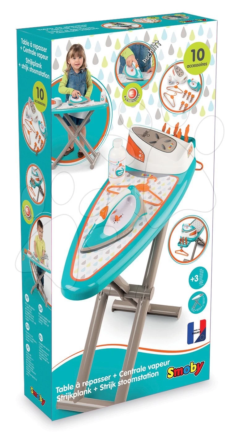 Set Reinigungswagen Mit Elektronischem Staubsauger Vacuum Cleaner Smoby Und Ein Bügelbrett Mit Einem Bügeleisen Und Einem Mittagsset In Der Box – Bild 17