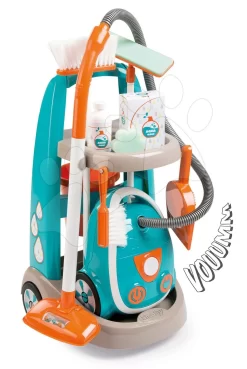 Set Reinigungswagen Mit Elektronischem Staubsauger Vacuum Cleaner Smoby Und Ein Bügelbrett Mit Einem Bügeleisen Und Einem Mittagsset In Der Box