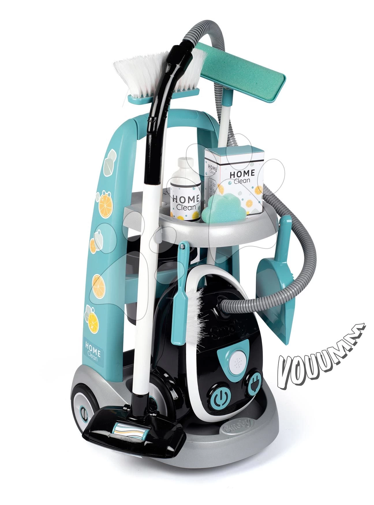 Reinigungswagen Mit Elektronischem Staubsauger Cleaning Trolley Vacuum Cleaner Smoby Mit Schneebesen Und 9 Zubehörteilen SM330316 – Bild 3