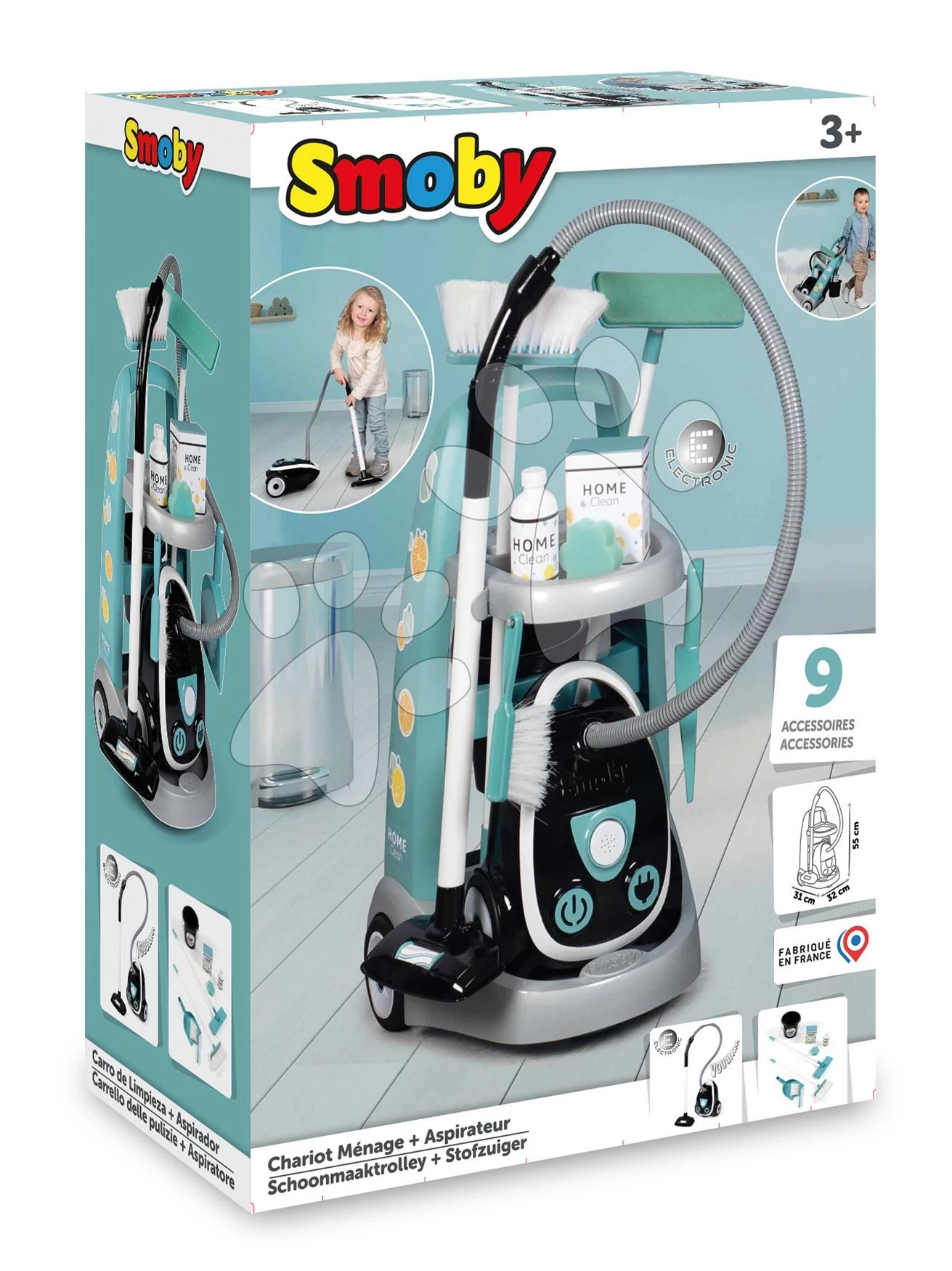 Reinigungswagen Mit Elektronischem Staubsauger Cleaning Trolley Vacuum Cleaner Smoby Mit Schneebesen Und 9 Zubehörteilen SM330316 – Bild 8