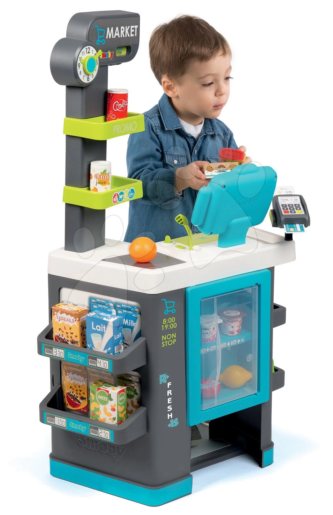 Set Shop Mit Kühlbox Fresh City Market Smoby Mit Elektronischer Registrierkasse Und Eine Küche Mit Fließendem Wasser Tefal Evolutive Wachsend – Bild 12