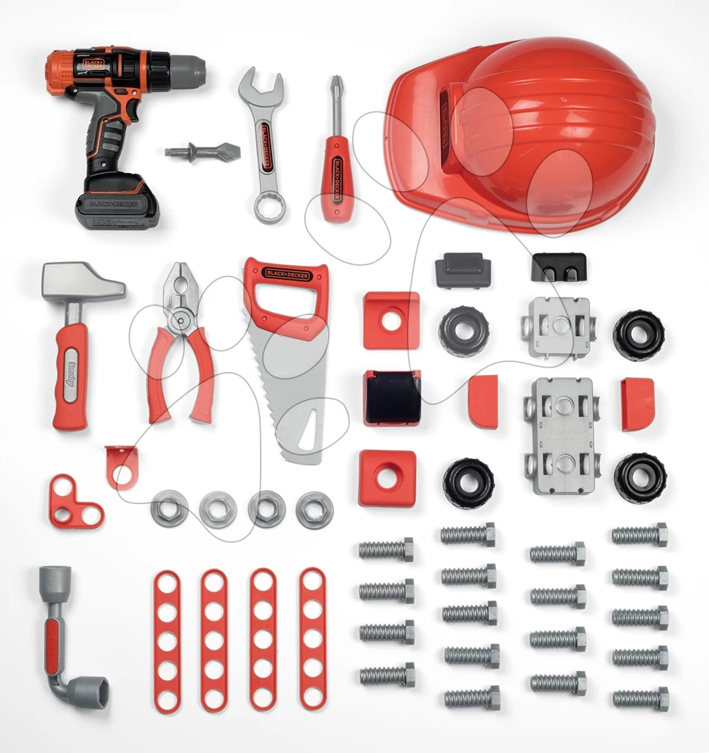 Arbeitsköfferchen Mit Einer Mechanischen Bohrmaschine Black+Decker Toolbox Smoby Mit Helm Und Zusammenklappbarem Spielzeugauto, 50 Zubehörteile Ab 3 Jahren SM360187