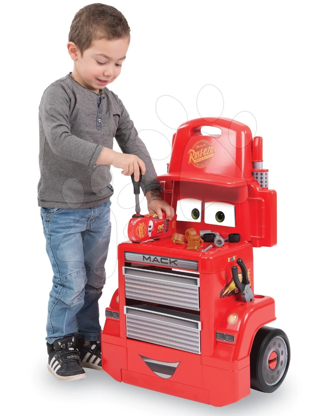 Trettraktor-Set Farmer XL Smoby Mit Anhänger Und Werkstattwagen Cars Mack Truck – Bild 16