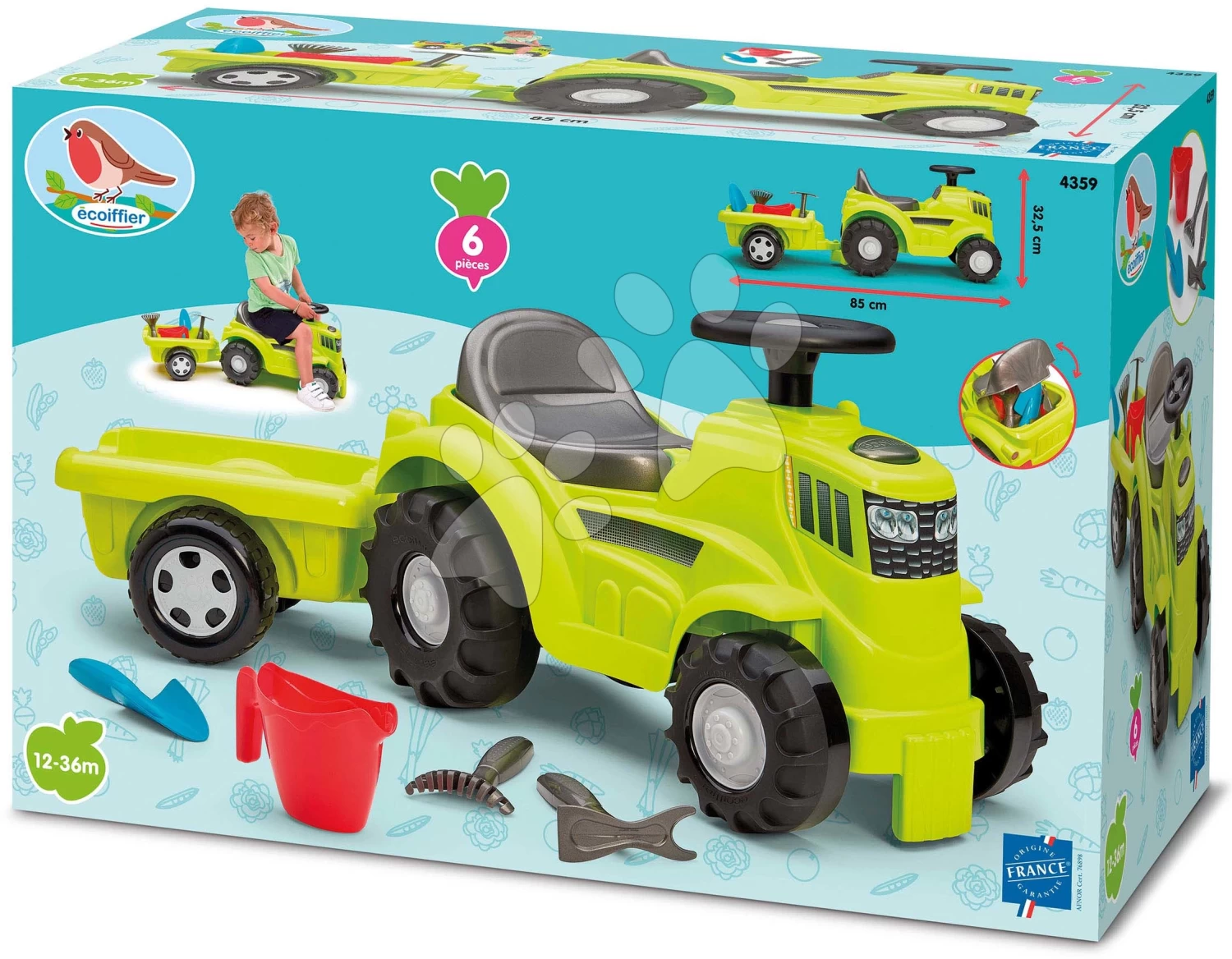 ECOIFFIER Rutschfahrzeug Mit Traktor Und Mit Anhänger Tractor Ride On With Garnished Trailer Écoiffier Mit Stauraum Und Gartenwerkzeug 85 Cm Von 12-36 Monaten – Bild 8