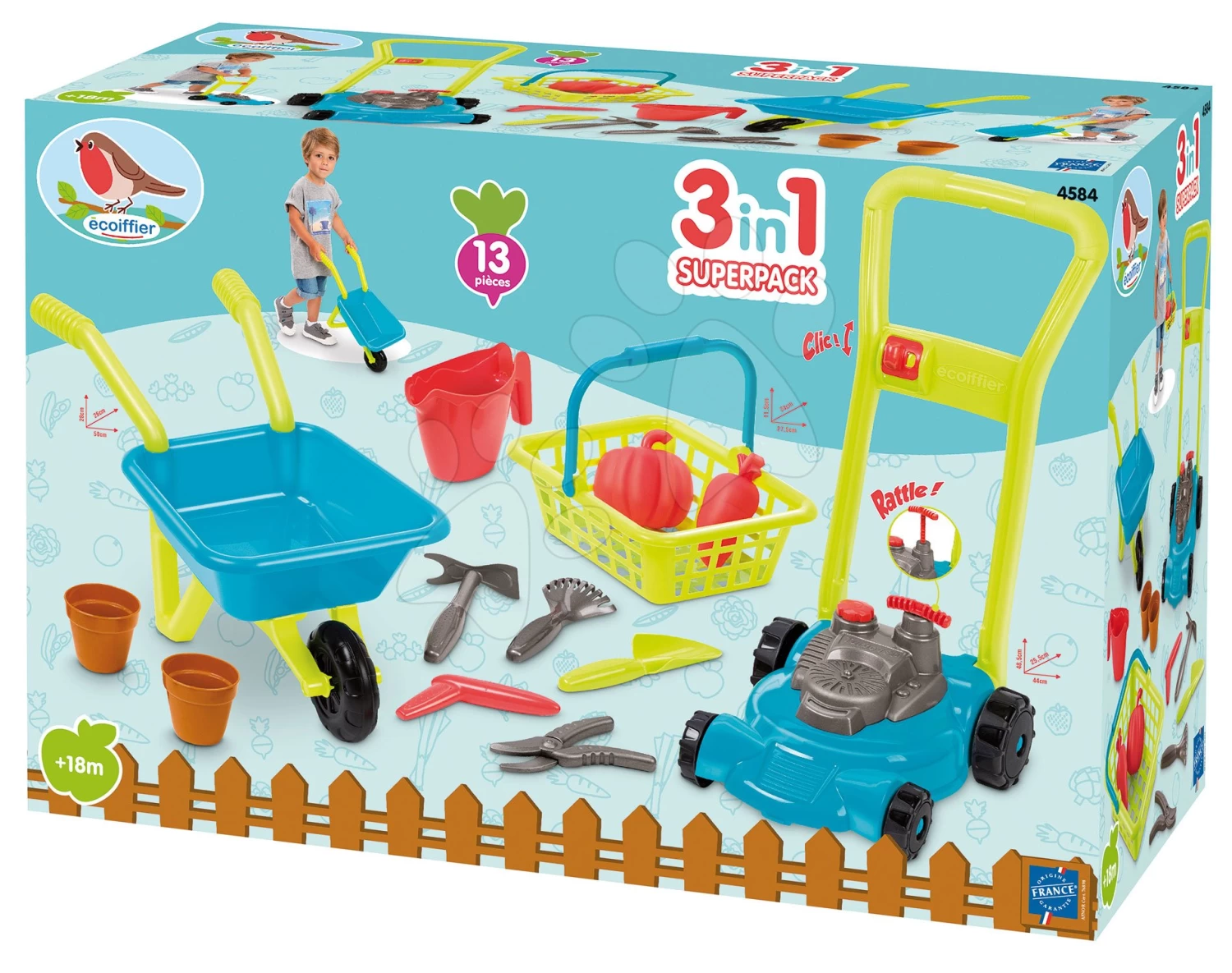 ECOIFFIER Schiebebock Und Mäher Garden&Seasons Écoiffier Mit Korb Und Gartengeräten Ab 18 Monaten – Bild 4