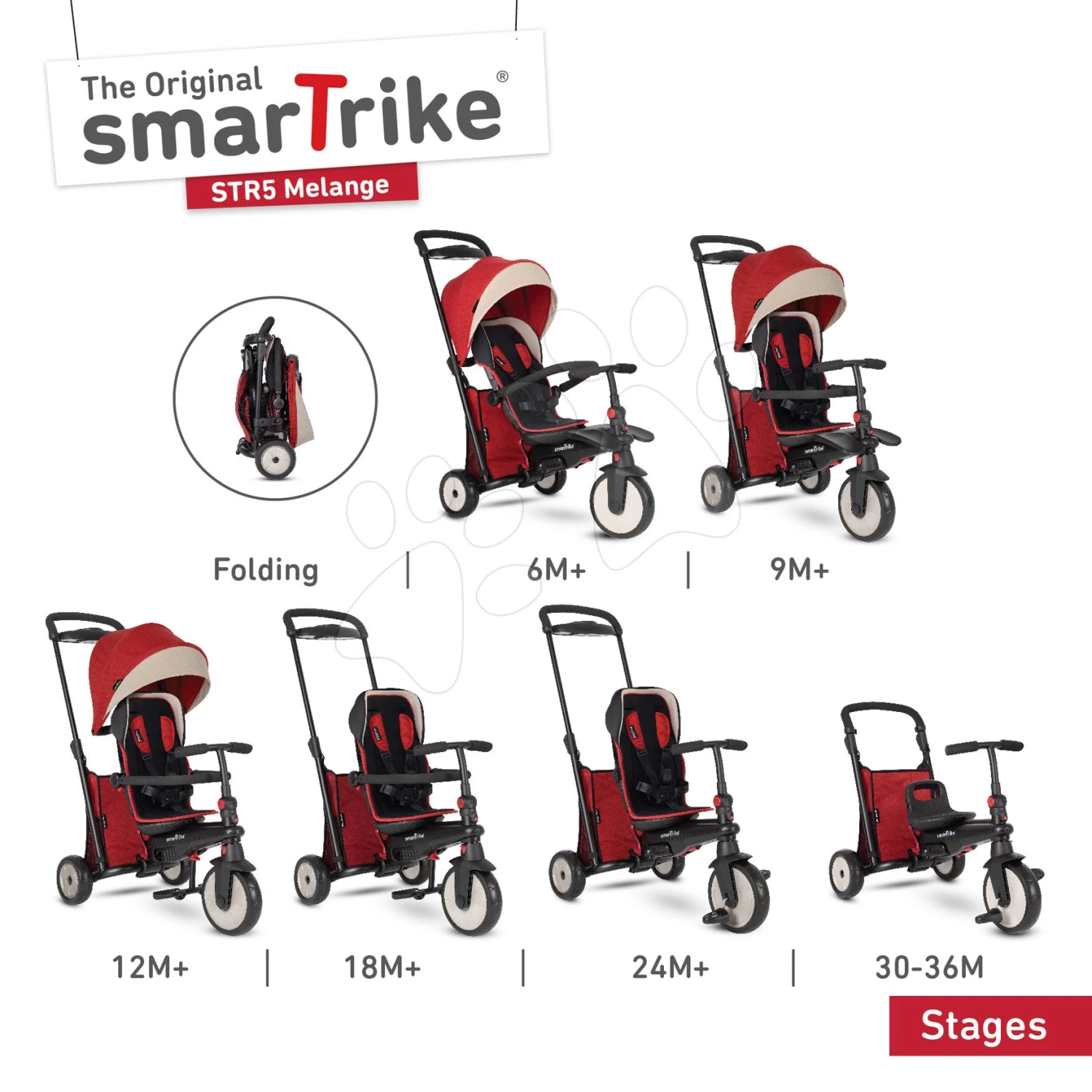 Dreirad Folding SmarTfold 7in1 500 Kinderwagen Melange SmarTrike TouchSteering Rot Gepolstert Mit EVA-Rädern Ab 9 Monaten Als Kinderwagen