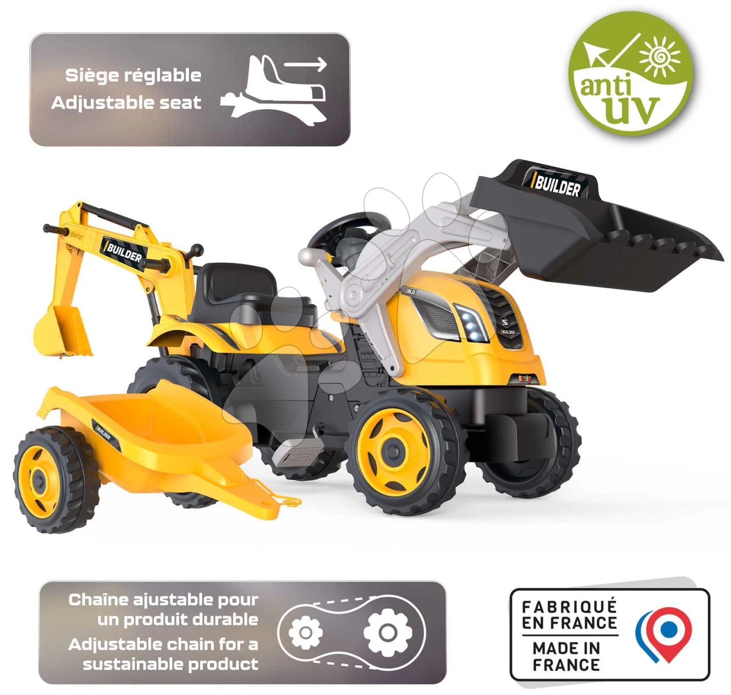 Trettraktor Mit Lader Und Bagger Builder Max Tractor+Trailer Smoby Mit Verstellbarem Sitz Und Ton 182 Cm â Bild 3