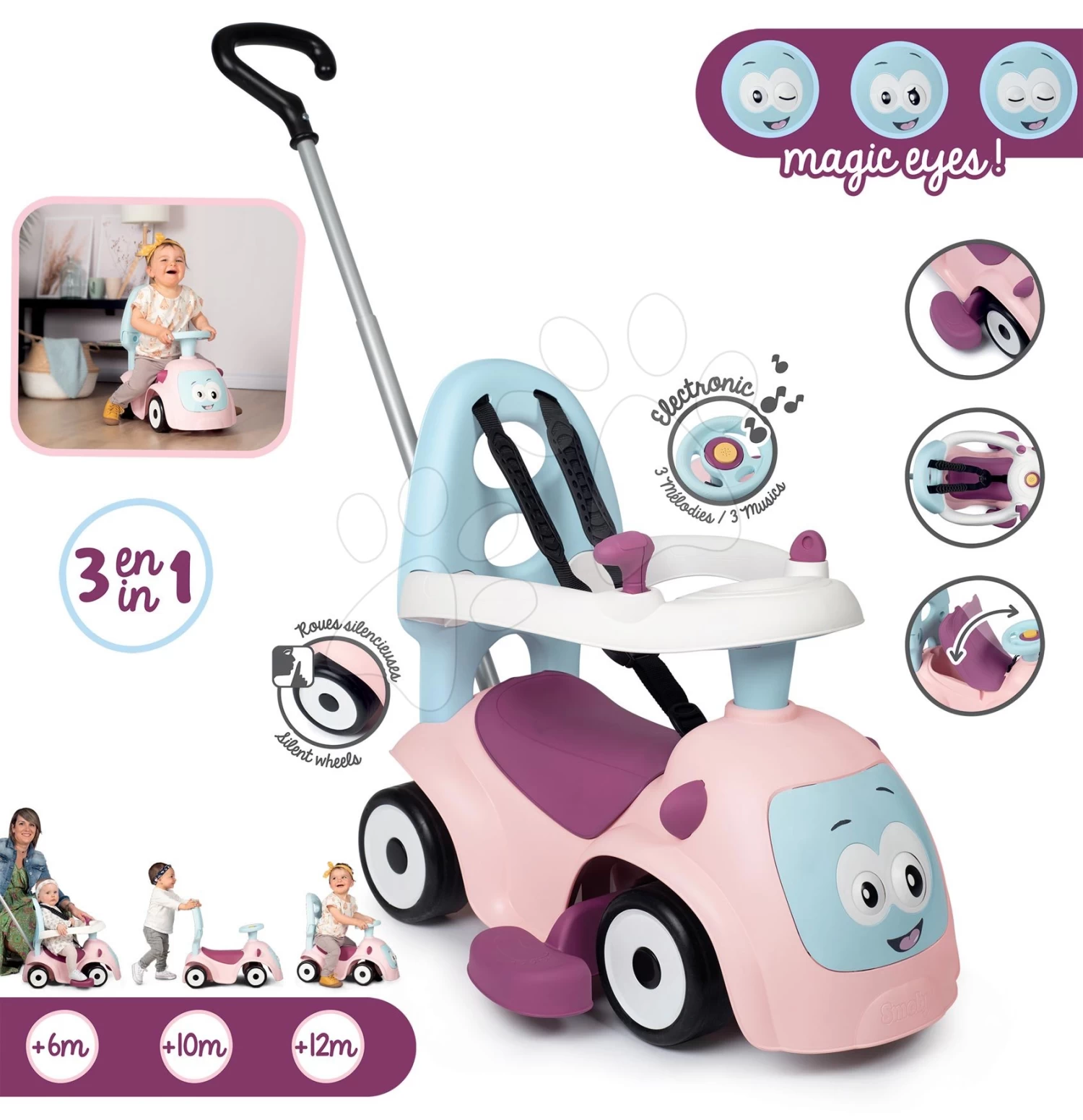 Rutschfahrzeug Erweitbar Maestro Ride-On Pink 3in1 Smoby Mit 3 Tonen Und Eine Führungsschiene Mit Laufstahl - Magische Augen Ab 6 Monaten – Bild 5