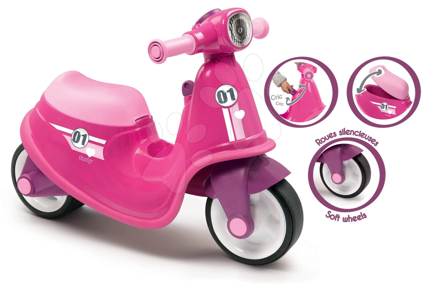 Rutscher-Set Scooter Rosa Smoby Mit Gummirädern Und Schaukel Für Boden Kater Mit Ohren Und Eis Ab 18 Monaten