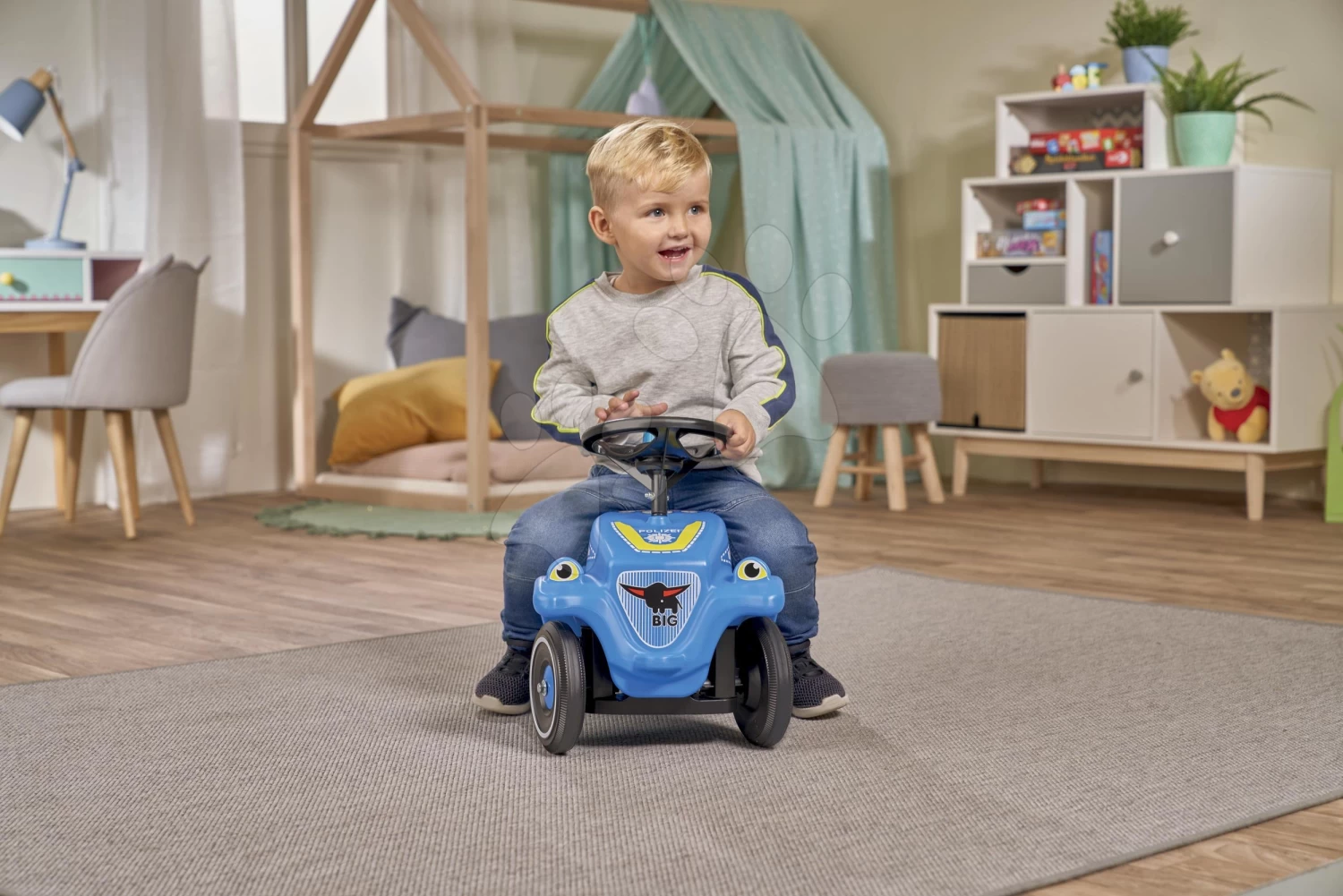 Rutschauto Auto Bobby Car Classic Police BIG Blau Mit Dem Ton Und Licht Mit Den Eitketten In Verschiedenen Sprachen Ab 12 Monaten â Bild 2