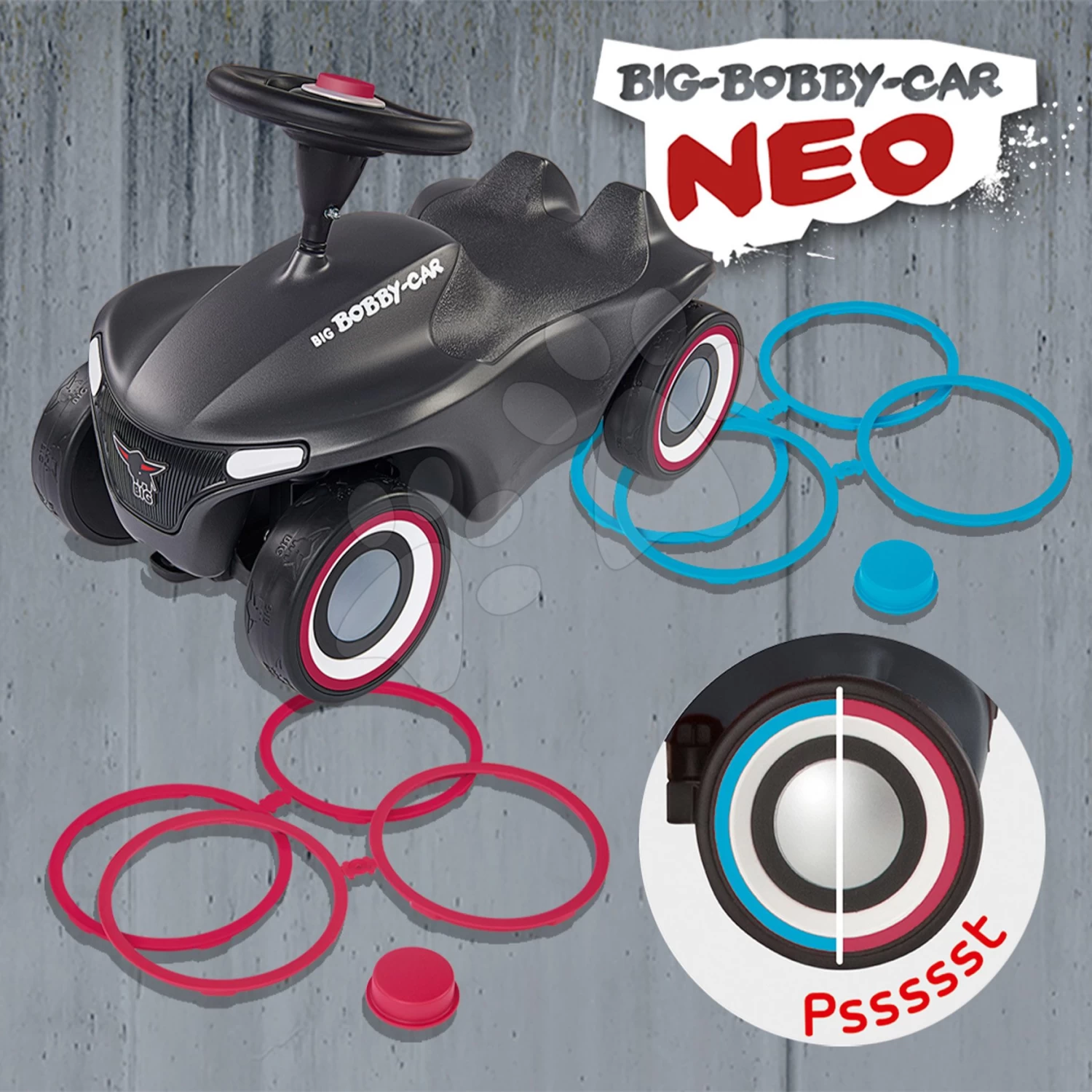 Rutscherset Bobby Car Neo Anthrazit BIG Sound Mit Wechselbaren Farbfelgen Und Führungsstange Mit Ergonomischer Rückenlehne – Bild 4