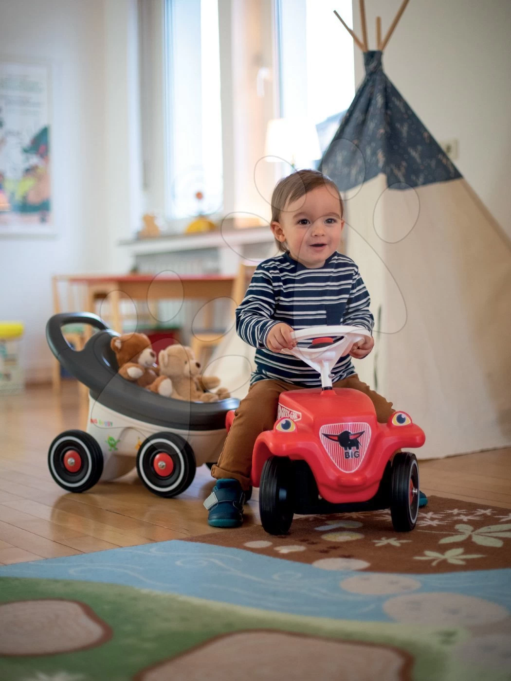 Set Rutsche Toboggan XS Grün Smoby Und Lauflernhilfe Und Kinderwagen Und Anhänger Buggy 3in1 – Bild 9