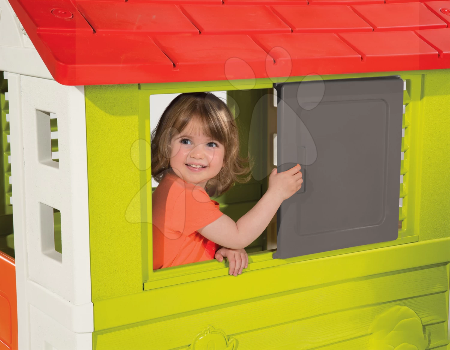 Set Rutsche Funny Toboggan Smoby 200 Cm Und Häuschen Nature Mit Rollladen Und Wagen Mit Eimer Ab 24 Monaten – Bild 7