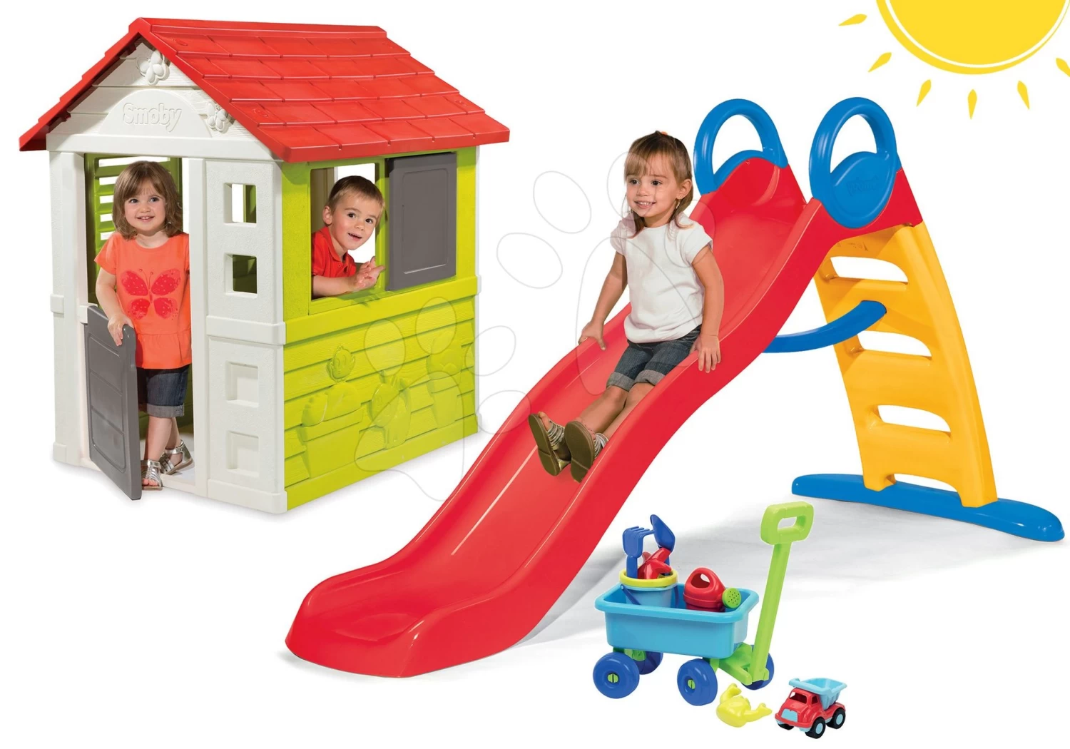 Set Rutsche Funny Toboggan Smoby 200 Cm Und Häuschen Nature Mit Rollladen Und Wagen Mit Eimer Ab 24 Monaten – Bild 15